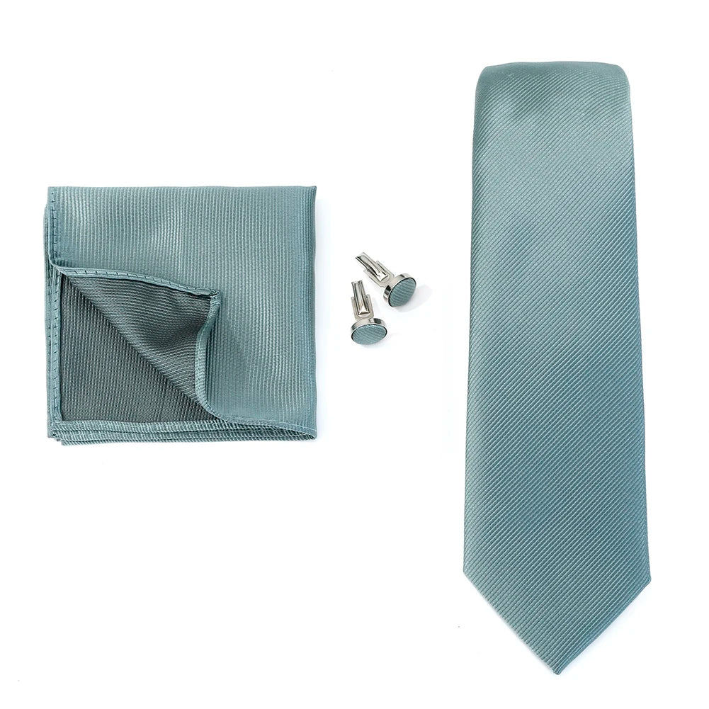 Solid color men's formal wedding necktie with jacquard woven design, matching handkerchief and cufflinks set for business or wedding attire