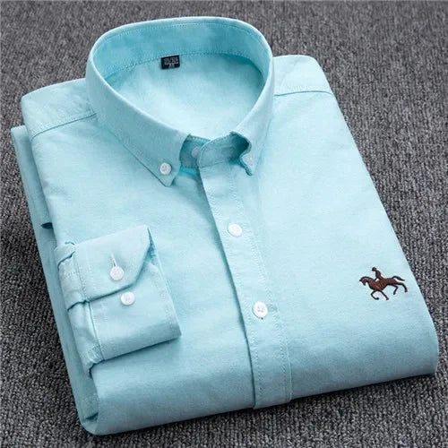 White men's casual cotton Oxford shirt with long sleeves, embroidery horse design, and button closure, regular fit.