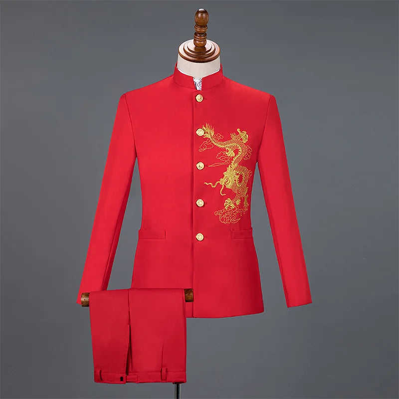 Men's slim fit suit by Showlu Fashion, featuring an embroidered blazer and straight pants, ideal for formal occasions.
