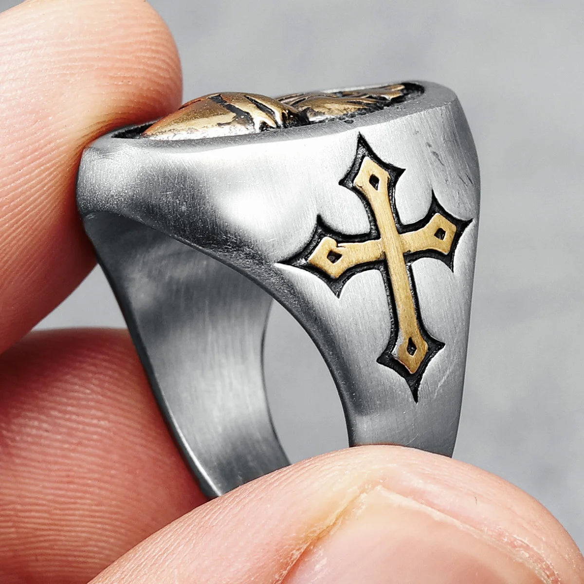 Stainless steel biker ring featuring a Heart of God cross design, crafted in 316L stainless steel with a bold amulet style.