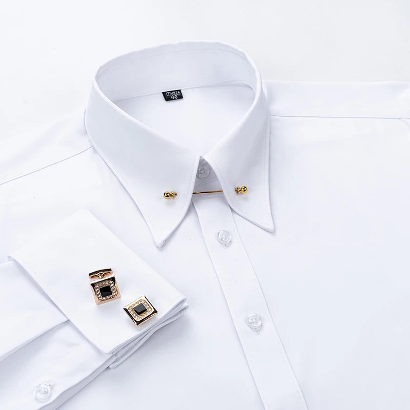 Elegant men's long-sleeve dress shirt with embroidered French cufflinks and collar pins, suitable for formal business wear.