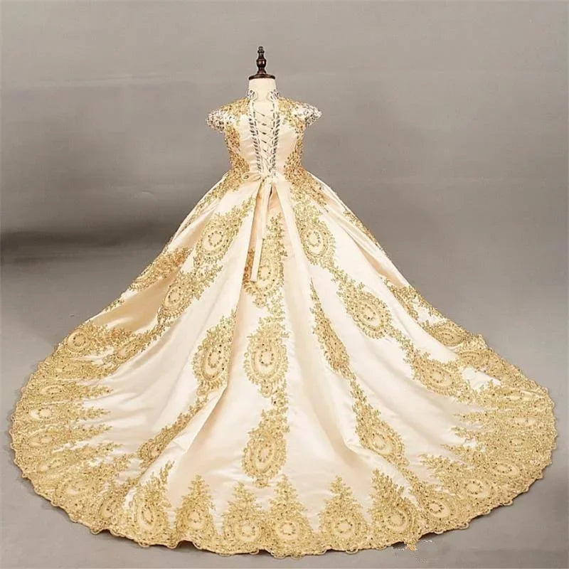 Showlu Fashion Girls' sleeveless princess ball gown with gold lace embroidery and long train, elegant special occasion dress.