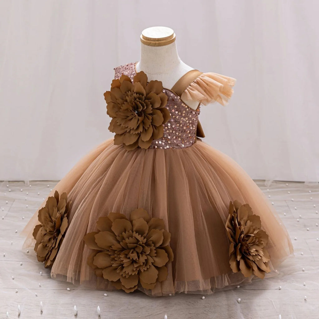 Red single-shoulder sparkling flying sleeve baby girl birthday dress for ages 0-6, by Showlu Fashion Store, perfect for toddler pageants.