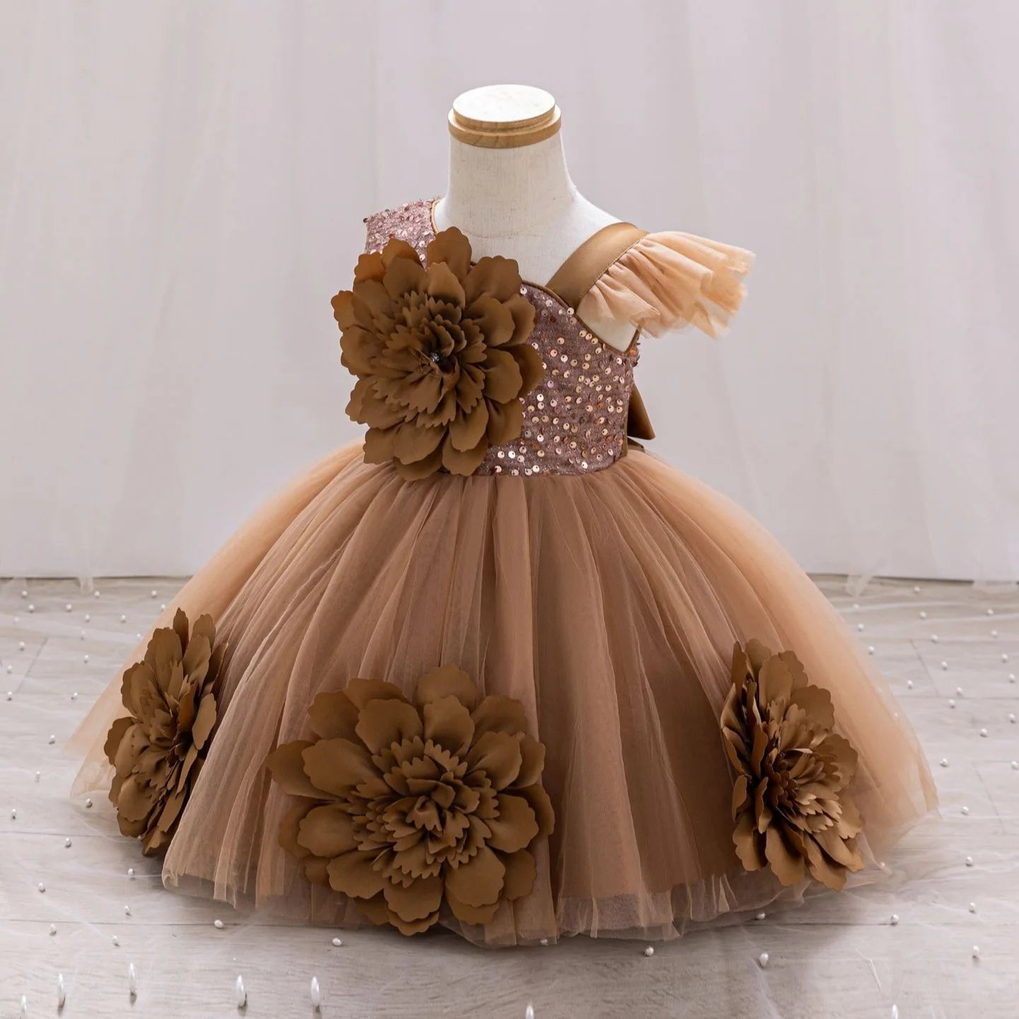 Red single-shoulder sparkling flying sleeve baby girl birthday dress for ages 0-6, by Showlu Fashion Store, perfect for toddler pageants.