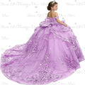 Princess Off Shoulder Flower Girl Dress for Wedding Kids Lace Appliqued Tulle Pageant Dress Customized Birthday Party Ball Gown