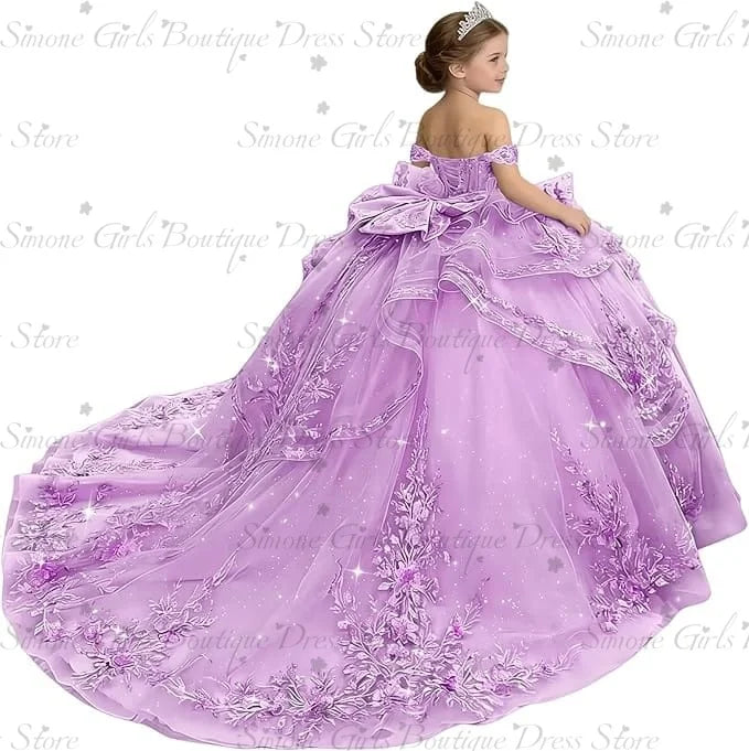 Princess Off Shoulder Flower Girl Dress for Wedding Kids Lace Appliqued Tulle Pageant Dress Customized Birthday Party Ball Gown