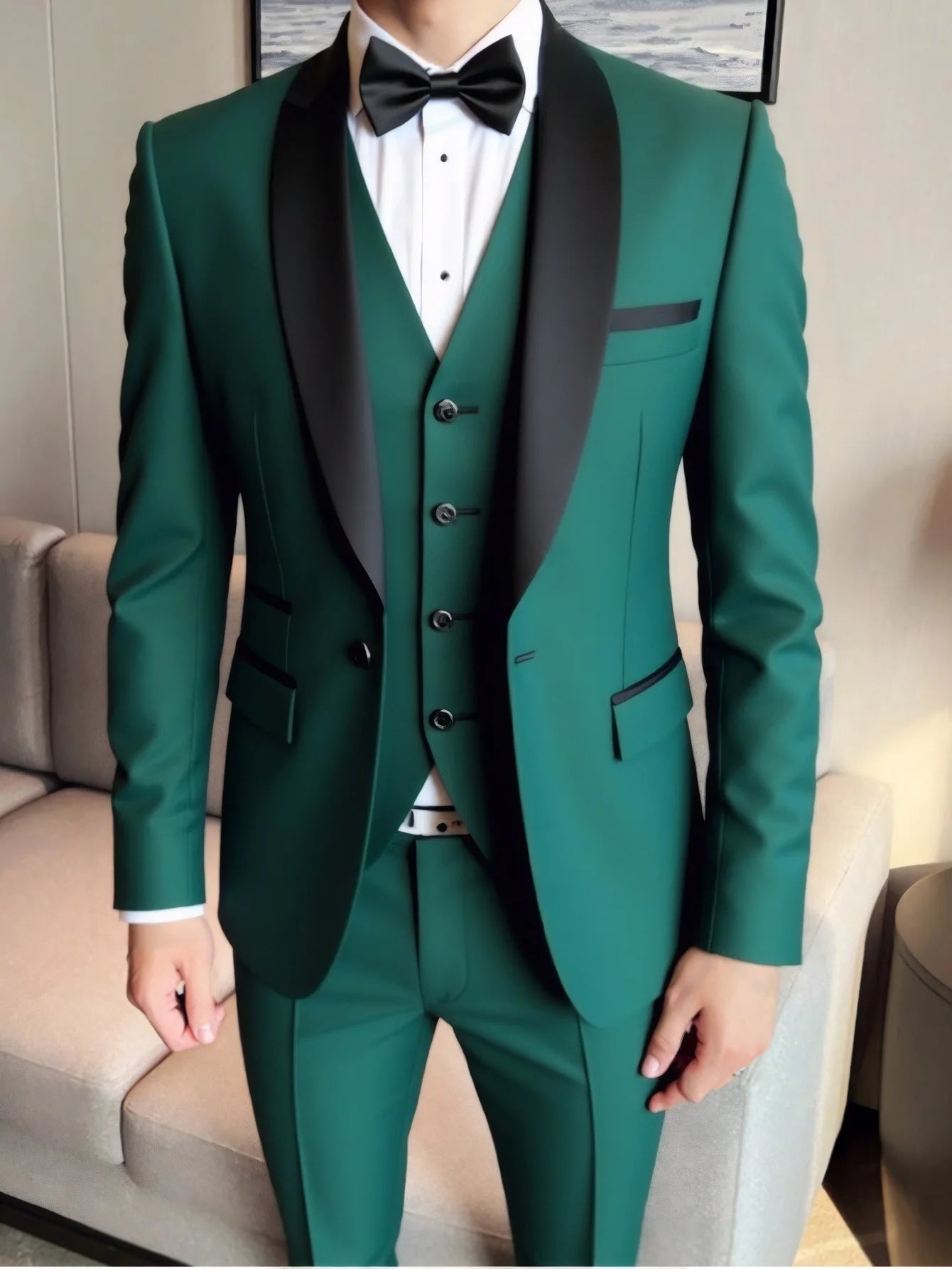 Men's 3-piece suit with jacket, vest, and trousers, stylish high-quality business formal wear for wedding or casual occasions.