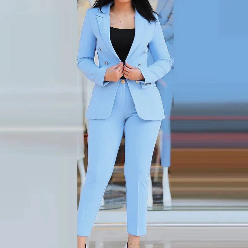 Slim fit women's pant suit by SHOWLU FASHION STORE featuring a solid cardigan and pencil pants, stylish and tailored for a polished look.