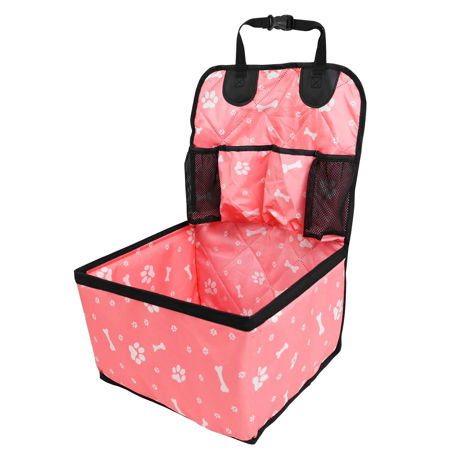 Showlu Portable Dog Car Booster Seat in nylon with safety harness and storage pocket, designed for secure pet travel.