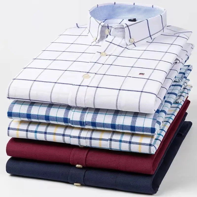 Men's long sleeve plaid Oxford shirt by Showlu Fashion, 100% pure cotton, red checked and striped design, available in 7XL size.