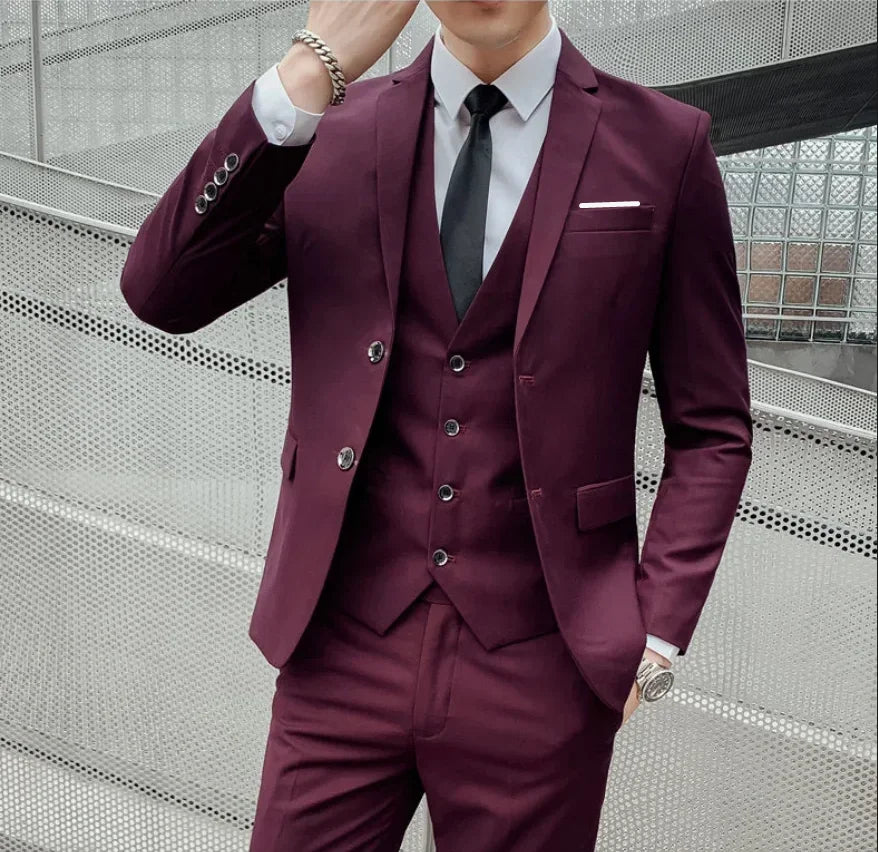Men's stylish British fashion suit with blazer, vest, and trousers, perfect for business, casual, or formal events.