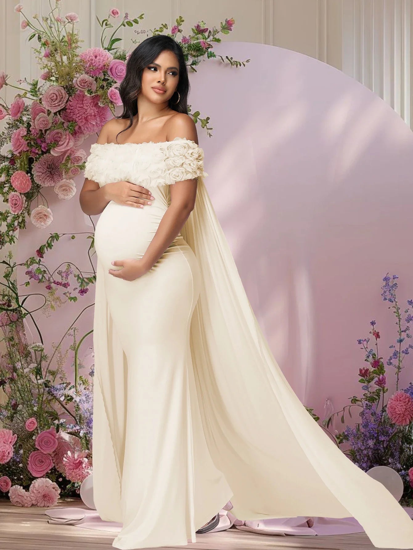 Floral off-shoulder maternity gown with mesh cloak, maxi dress for photoshoots, by SHOWLU FASHION STORE