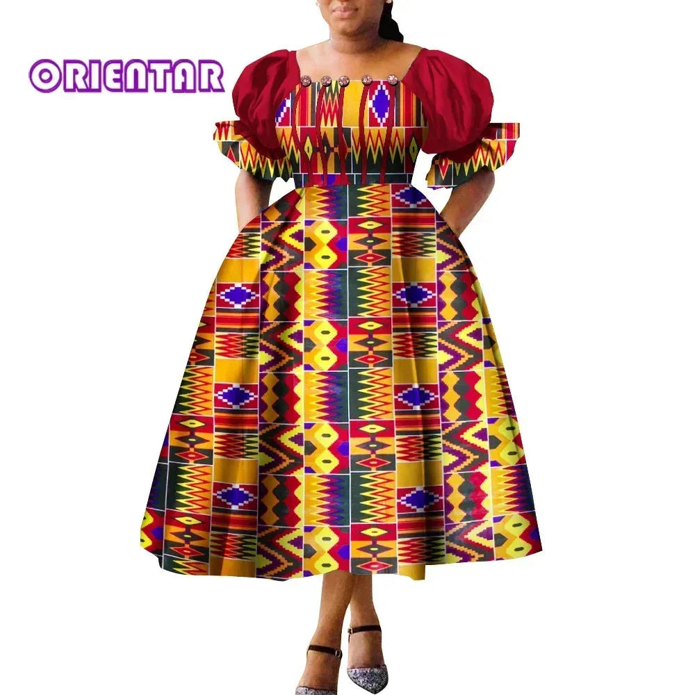 African print puff sleeve high waist Ankara cotton gown by SHOWLU FASHION STORE with vibrant colorful patterns