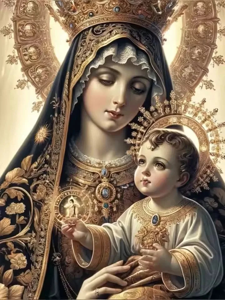 Beadslove Virgin Mary and Jesus 5D diamond painting kit featuring full drill with colorful beads and detailed religious imagery.