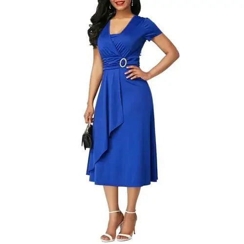 Liva Girl Women's V-Neck Short Sleeve Summer Party Dress with elegant A-line silhouette, shown in a stylish design.