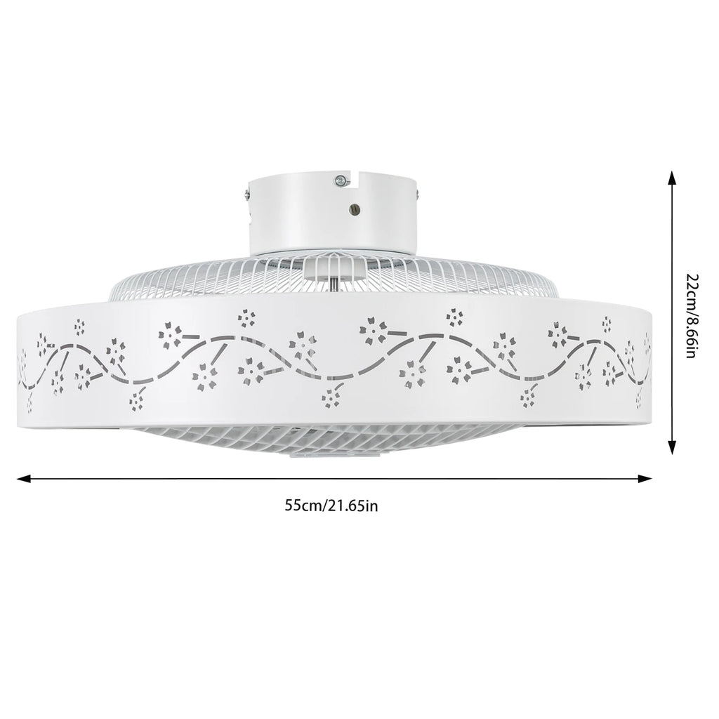 Showlu 55cm flush mount smart ceiling fan with dimmable LED light, modern design, and remote control in a home setting.