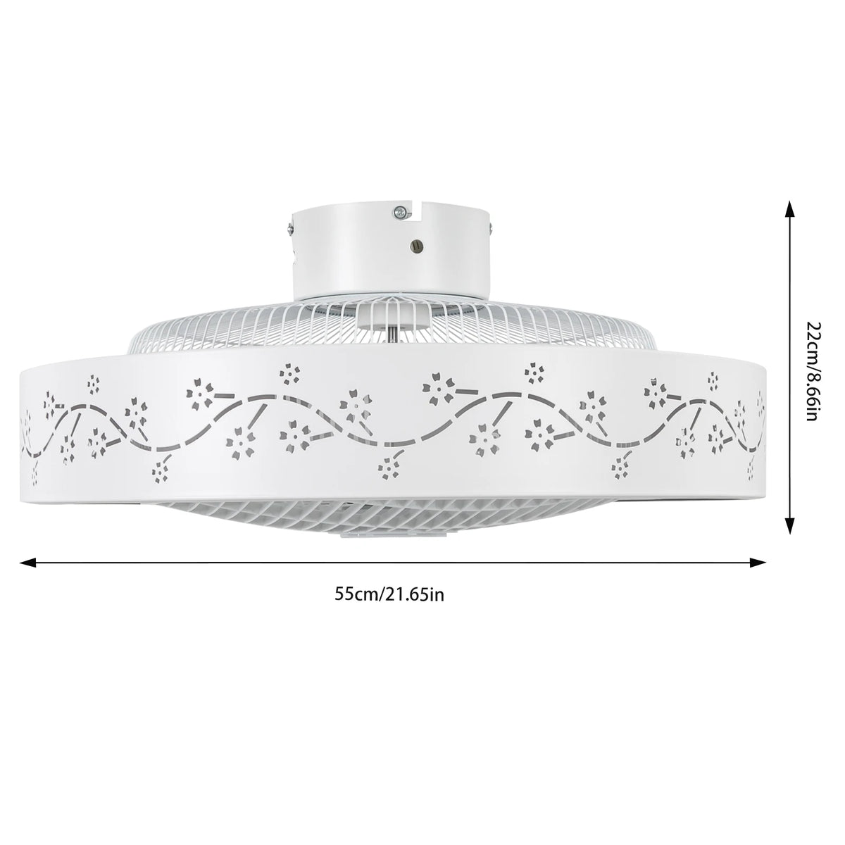 A white flush mount ceiling fan with a decorative floral cutout pattern and dimensions.