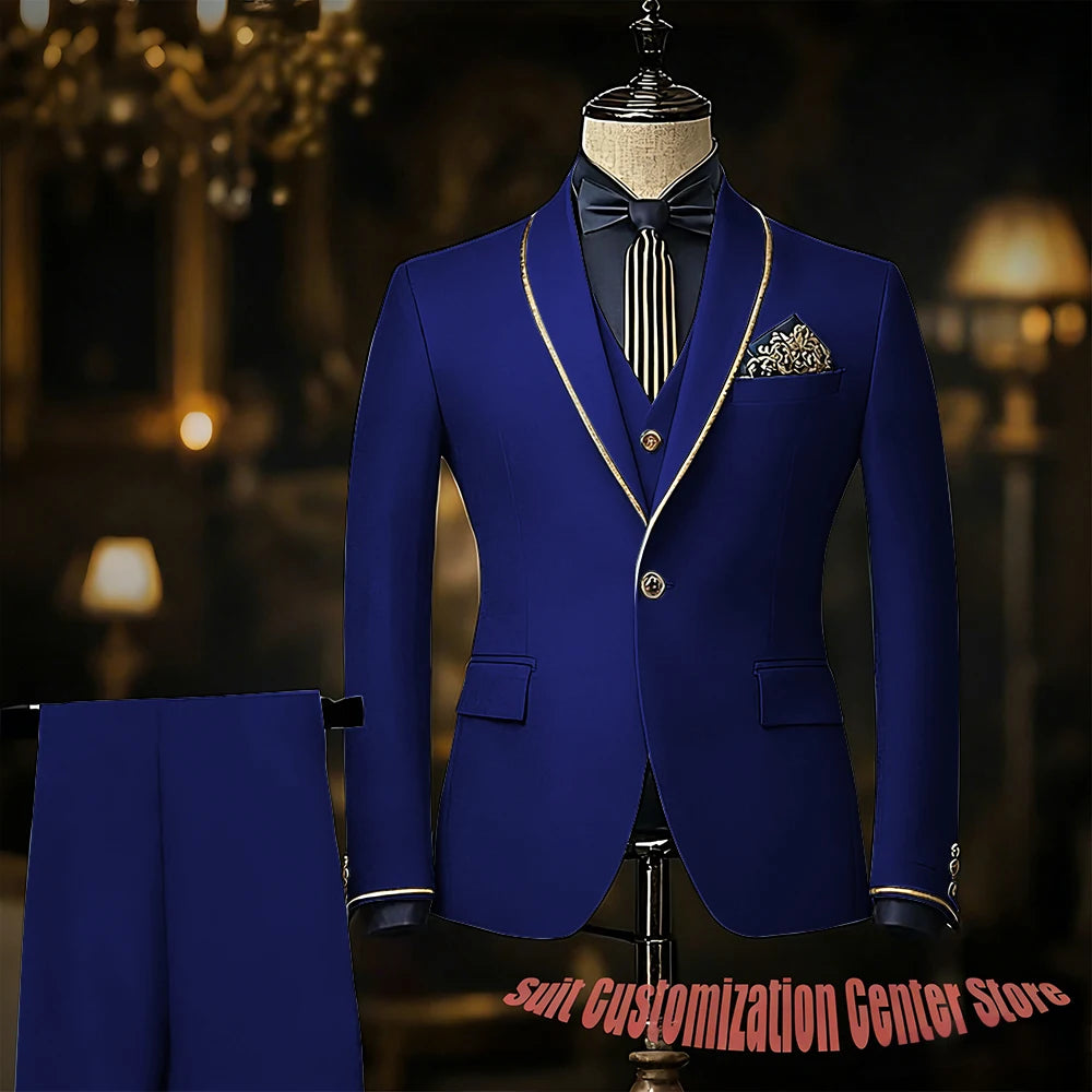 Navy blue men's slim fit tuxedo suit with jacket, vest, and pants featuring shawl lapel for wedding or prom occasions.