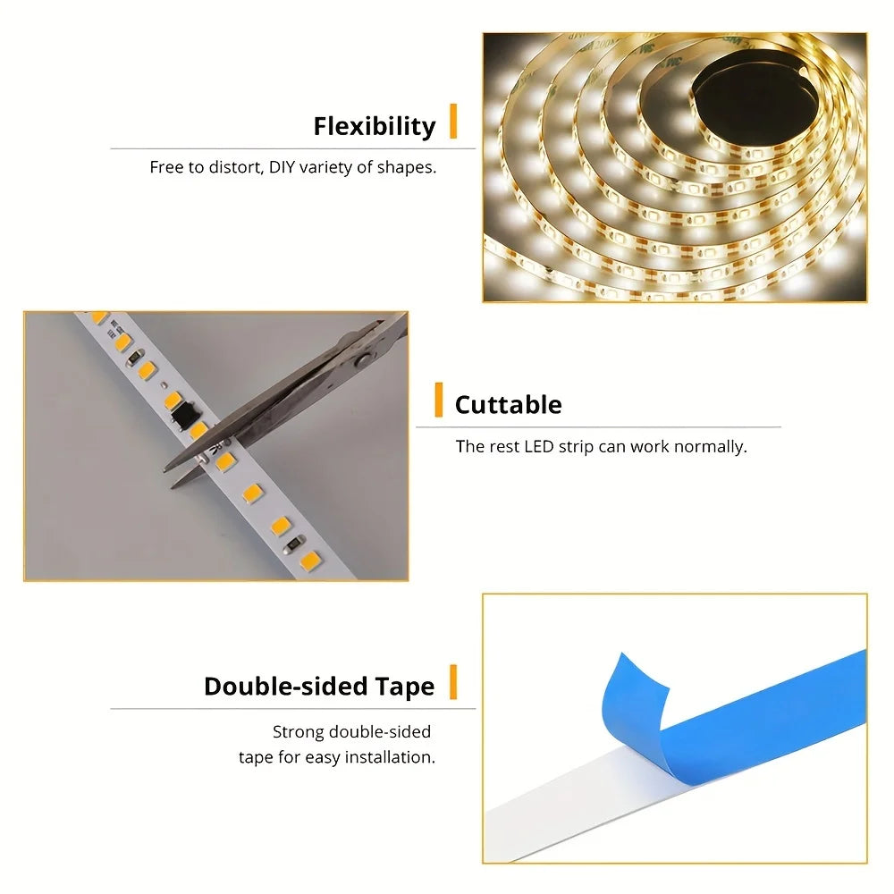 Flexible USB LED strip light in warm white from Showlu Smart General, shown as a 5V tape with adhesive backing and LED bulbs.