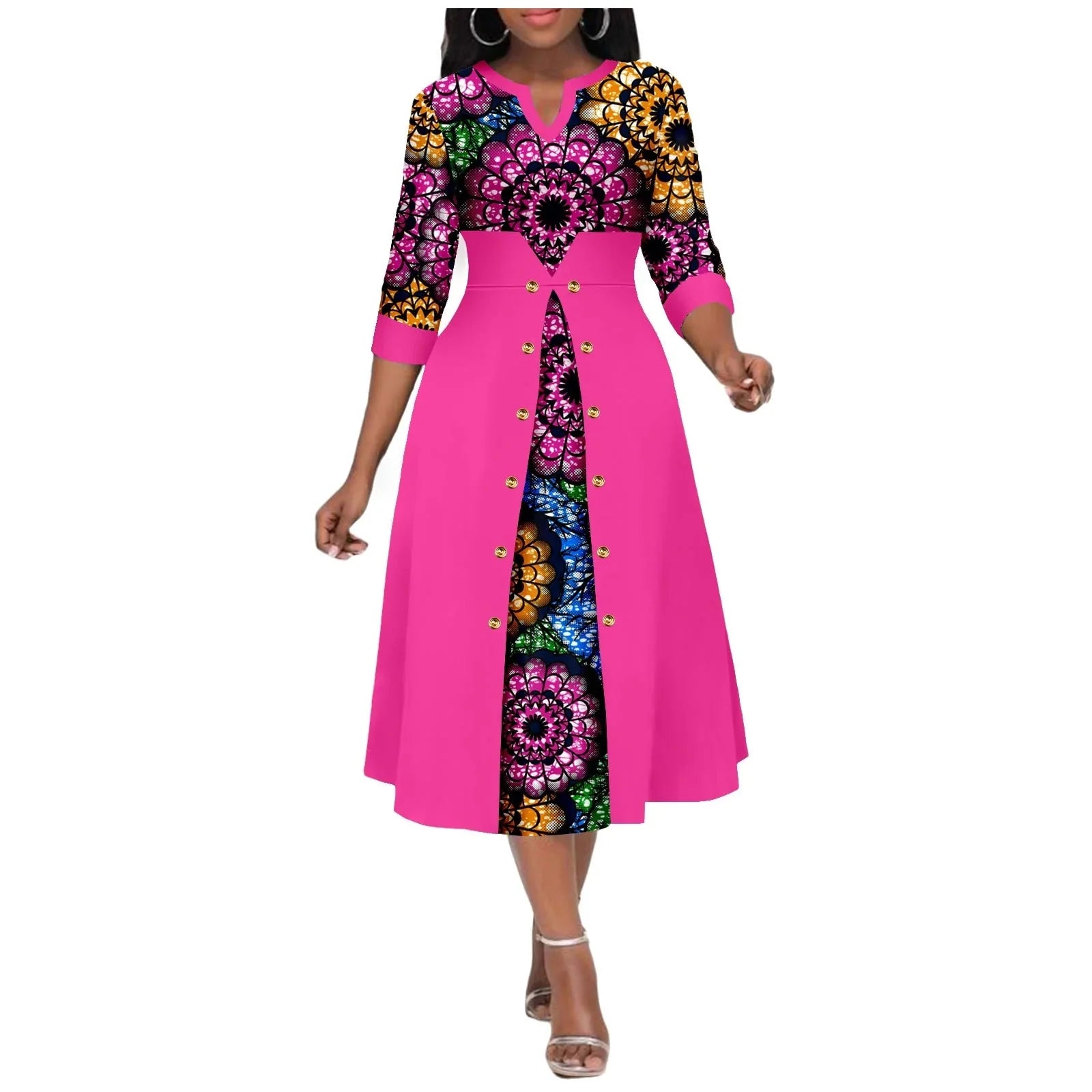 African print women's V-neck Ankara dress by SHOWLU FASHION STORE featuring a cotton A-line midi skirt design.