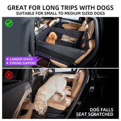 A black waterproof car backseat protector for pets shown in use with a small dog.