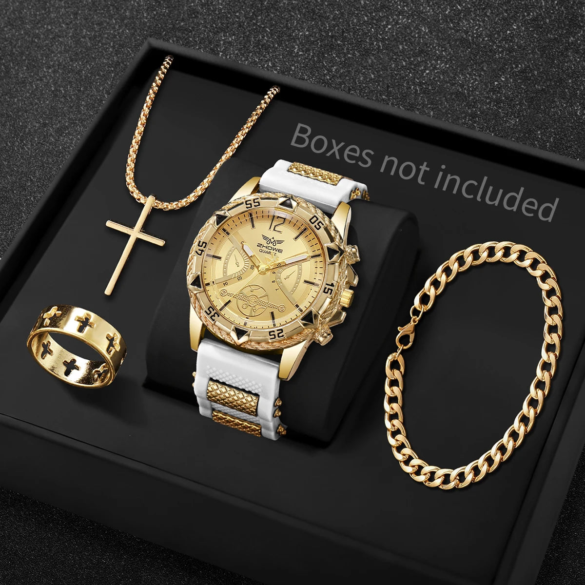 Four men's fashion Arabic dial quartz wristwatches with silicone straps, displayed alongside a matching necklace set.