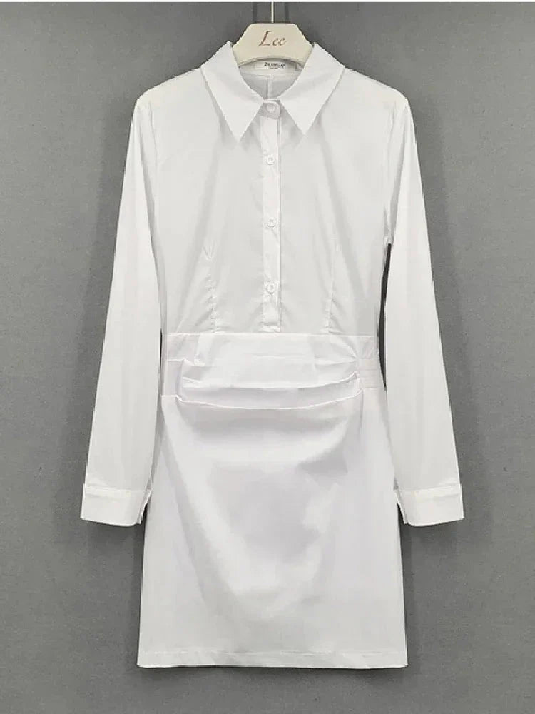 White women's mini shirt dress by SHOWLU FASHION STORE, slim fit A-line style with long sleeves and classic collar.