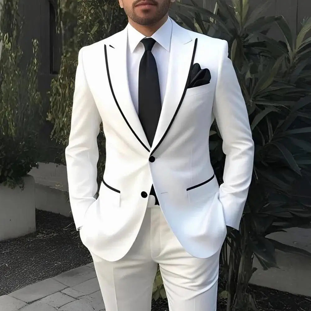 White men's tuxedo suit with blazer and pants, suitable for wedding, prom, or formal occasions, by Showlu Fashion Store.