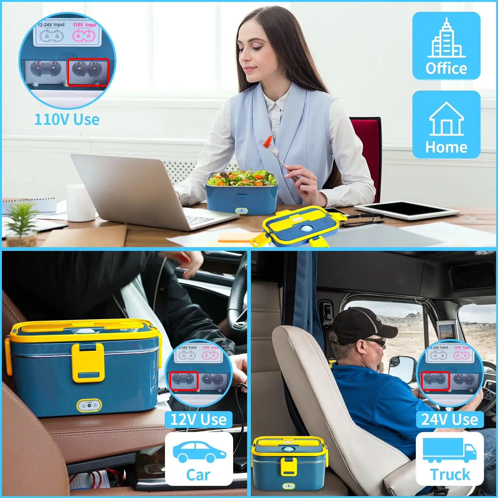 SHOWLU 1.8L stainless steel electric lunch box with food warmer, suitable for 12V, 24V, and 110V vehicles and appliances