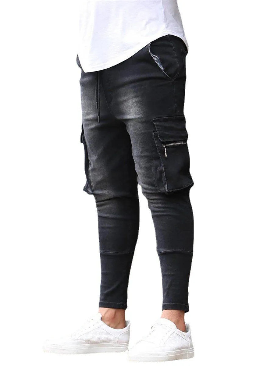 Street Elastic Jeans Men Denim Cargo Pants Wash Solid Color Multi Pockets Casual Mid Waist Trousers Slim Fit Daily Wear Joggers