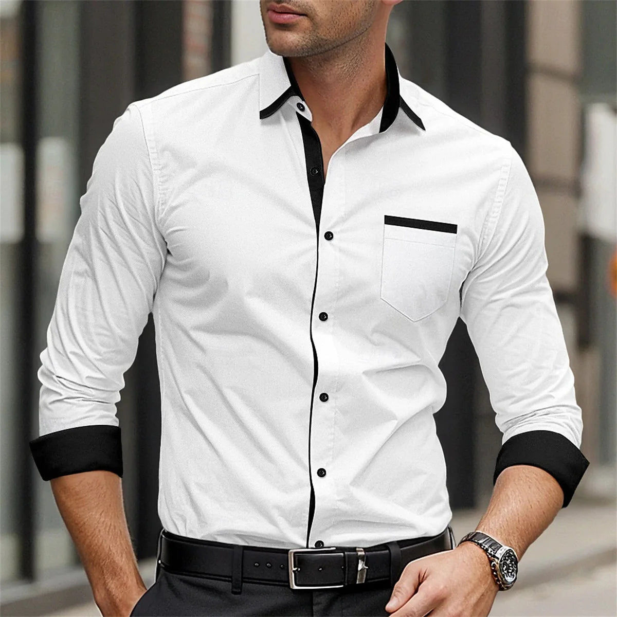 Men’s long-sleeve formal button-up shirt by Showlu Fashion, solid color with lapel, suitable for spring, autumn, weddings, and daily wear.