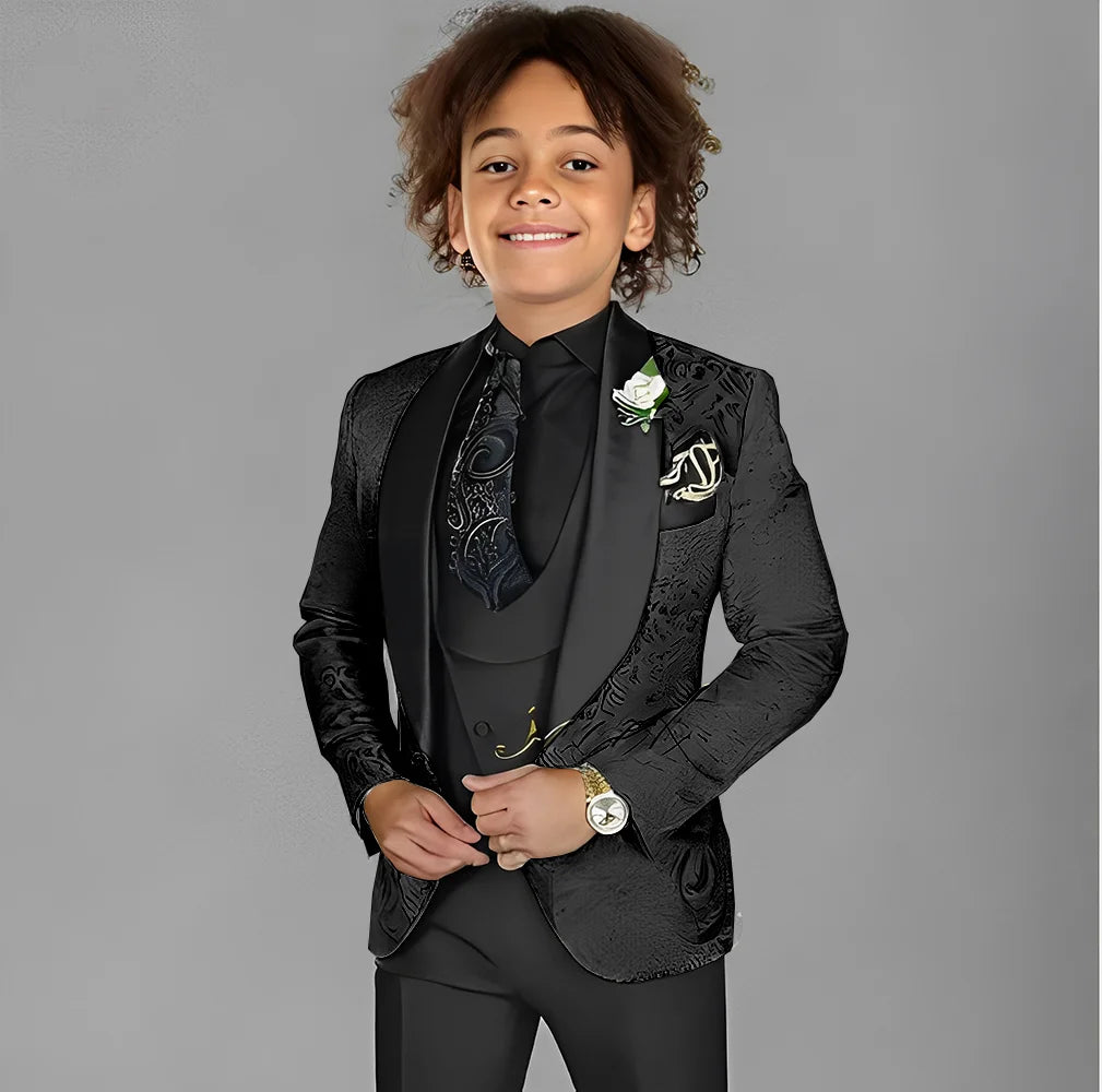Jacquard boys' 3-piece suit set including jacket, pants, and vest for kids' formal events, in age 2-16 years, by Showlu Fashion.
