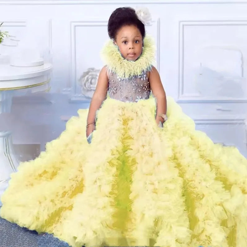 Gorgeou Flower Girls Dress Little Baby Girl Sky Blue Tulle Fluffy Applique for Party Kids Wedding Ball Birthday Evening Gowns