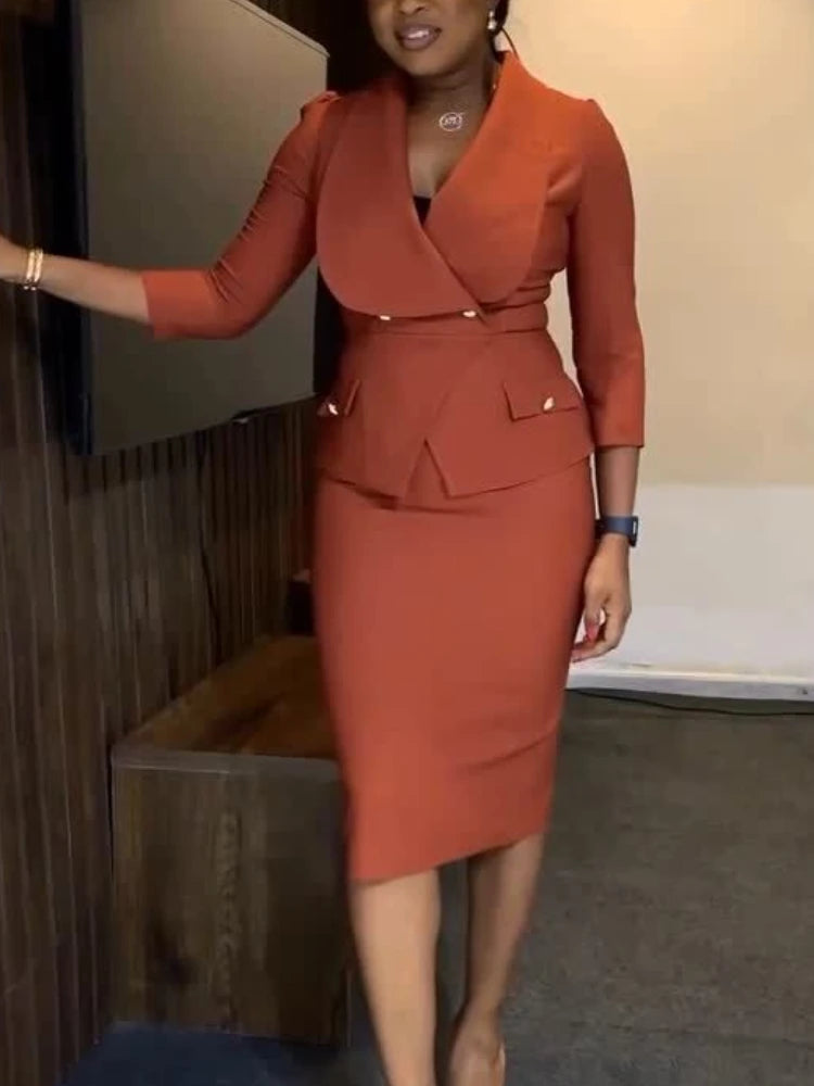 Elegant women's church dress by Showlu Fashion with turn-down collar, peplum, suitable for office, business, and autumn occasions.