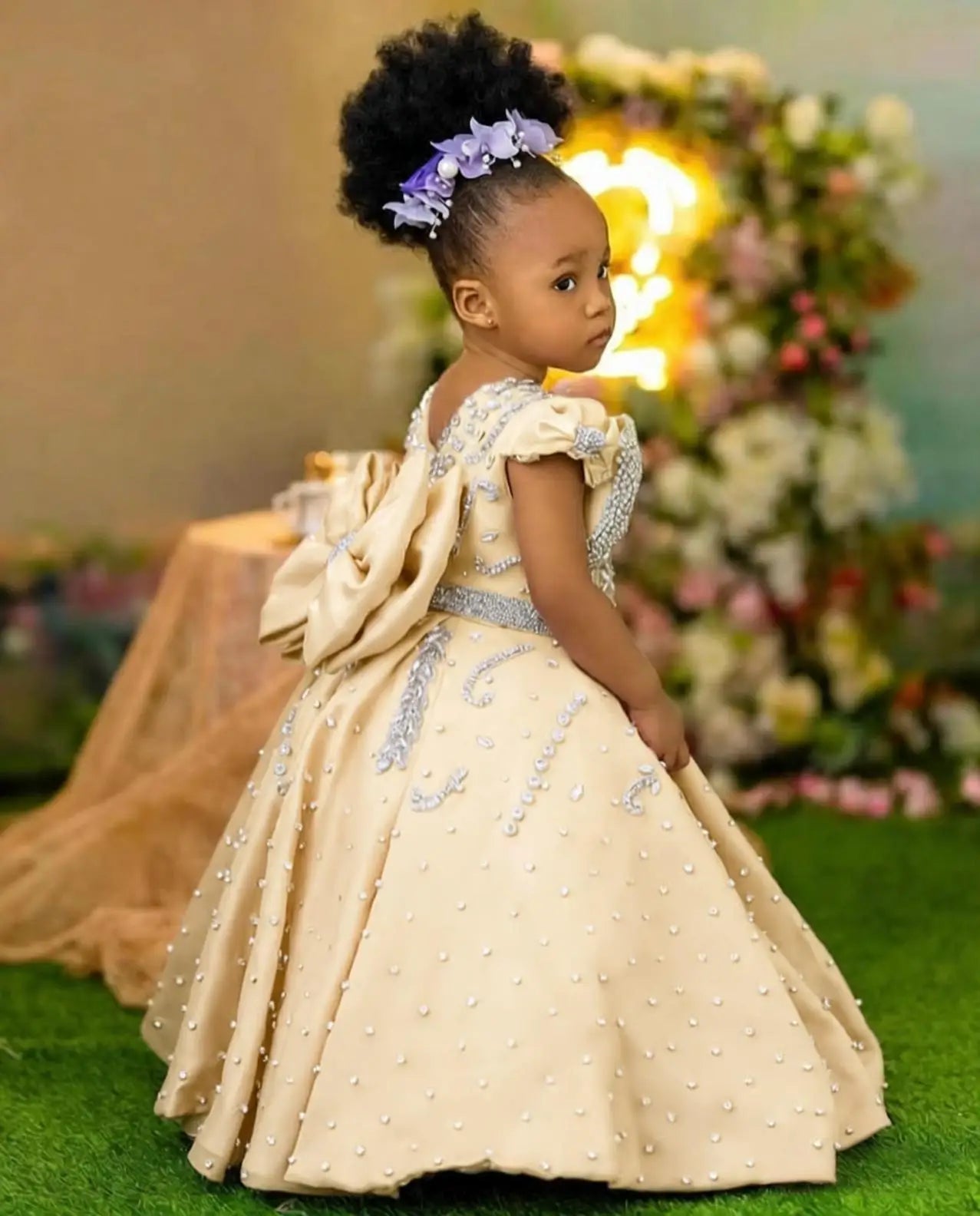 Lavender beaded queen ball gown for girls with intricate details, full-length skirt, and elegant design by 1170uf-he.
