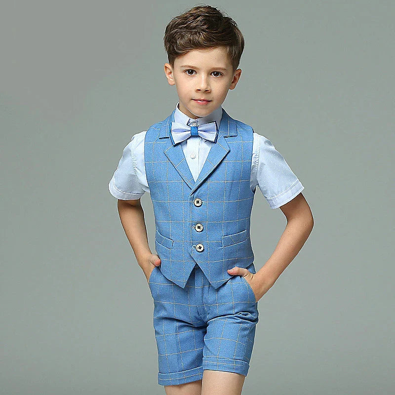 PsyMonster boys 4-piece formal suit set with striped vest, shirt, and pants, stylish and perfect for special occasions.