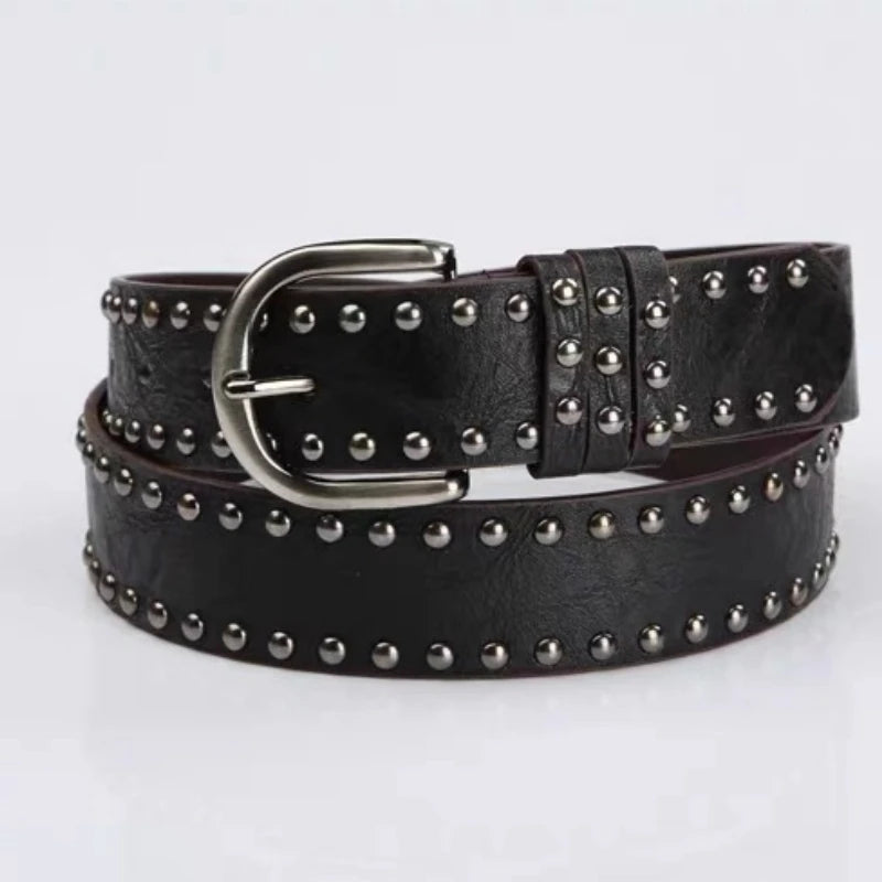 Soft face needle buckle waistband with rivet decorations for jeans, stylish Y2K-inspired fashion by Showlu Fashion Store.