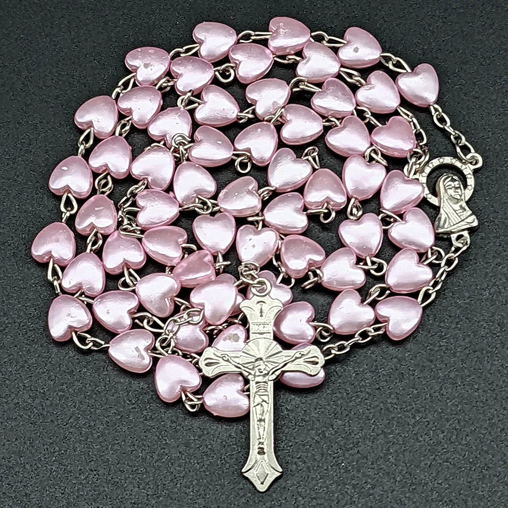 Christian rosary beads necklace for women with pink heart chain, Virgin Mary pendant, cross INRI, religious prayer jewelry.