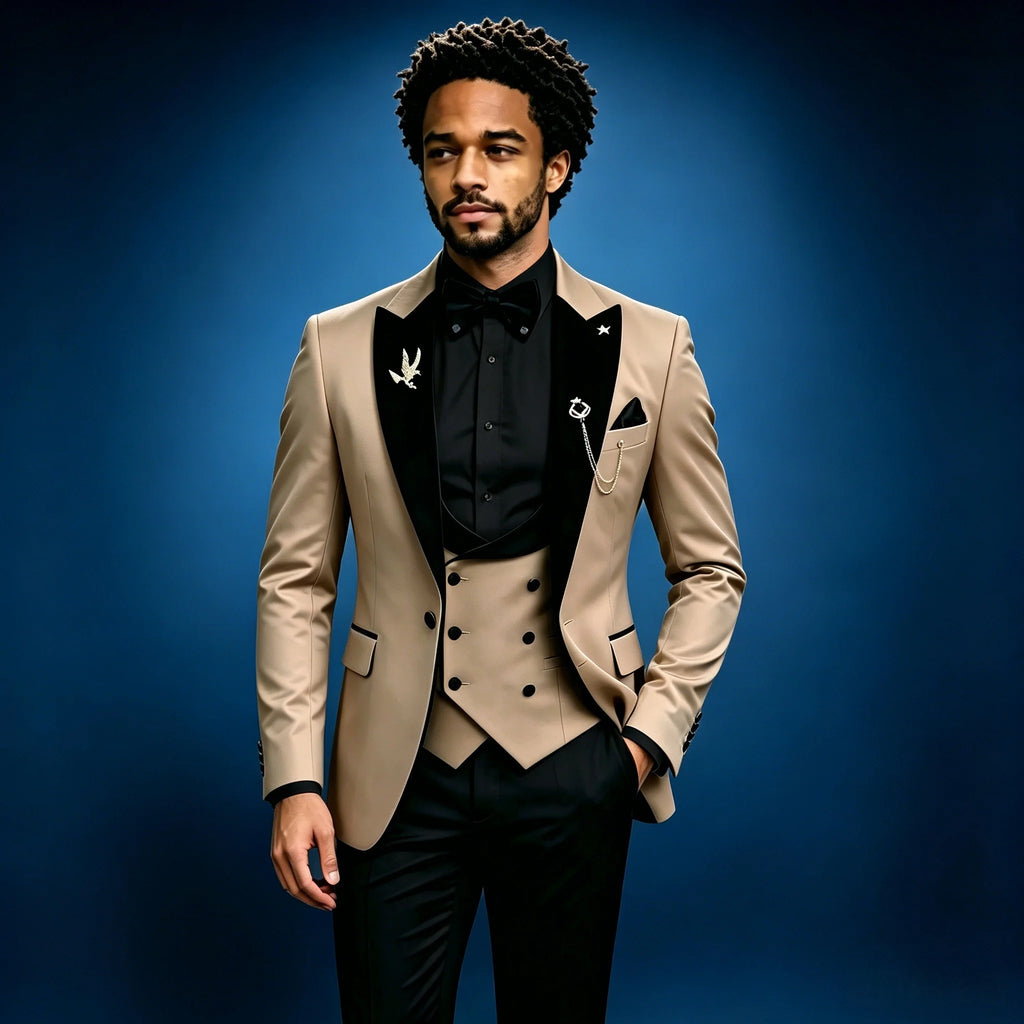 Beige formal men's 3-piece suit with peaked lapel, blazer, pants, and vest, ideal for weddings, business, and parties.