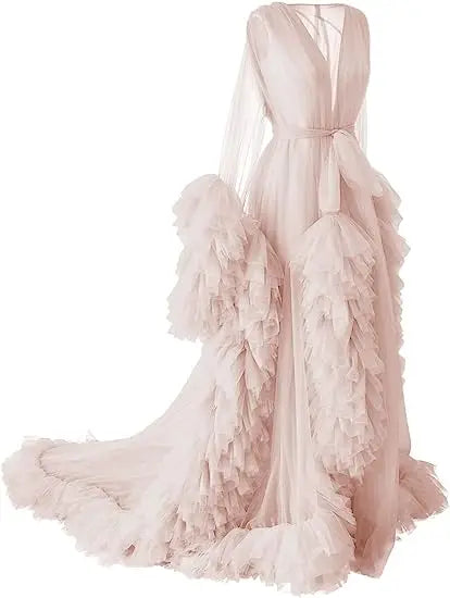 Sexy deep V-neck tulle maternity dress with lace hollow details, long sleeves, feather accents, ideal for photoshoot or special occasion.
