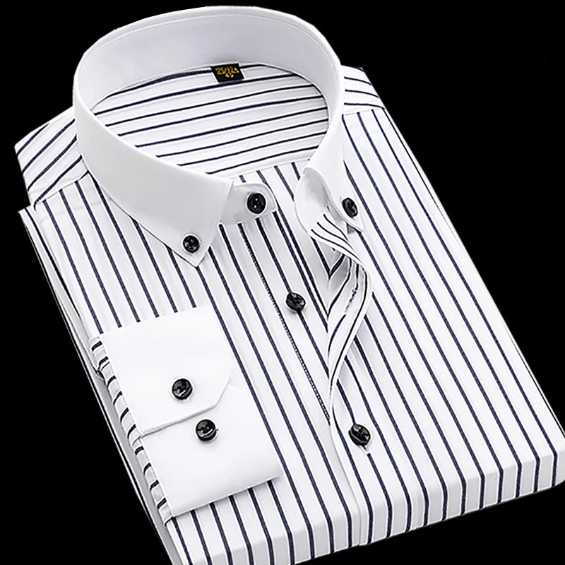 Men's slim fit cotton long sleeve shirt with striped pattern, heterochromatic collar, wrinkle-resistant, high-end luxury style.