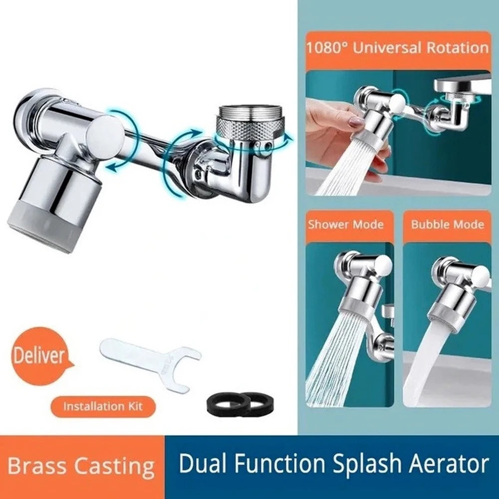 Showlu Brass 1080 Swivel Faucet Extender with universal 2-mode aerator attached to a bathroom sink faucet.