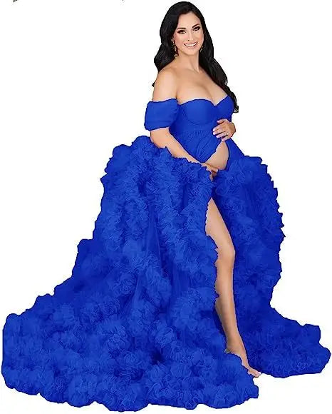 Sexy deep V-neck tulle maternity dress with lace hollow details, long sleeves, and feather accents for photo shoots.