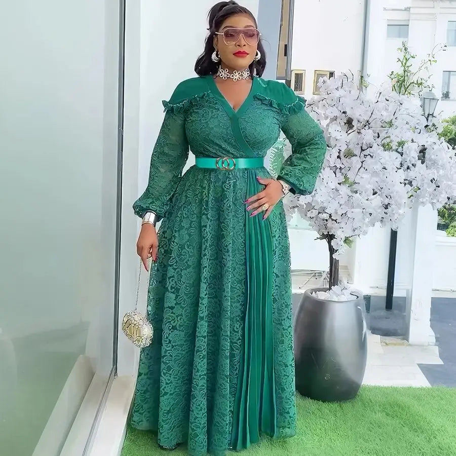 Elegant African women's summer dress with lace, long style, plus size, perfect for evening parties, from Showlu Fashion.