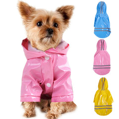 A small dog wears a pink hooded raincoat, with blue, pink, and yellow versions shown on the side.