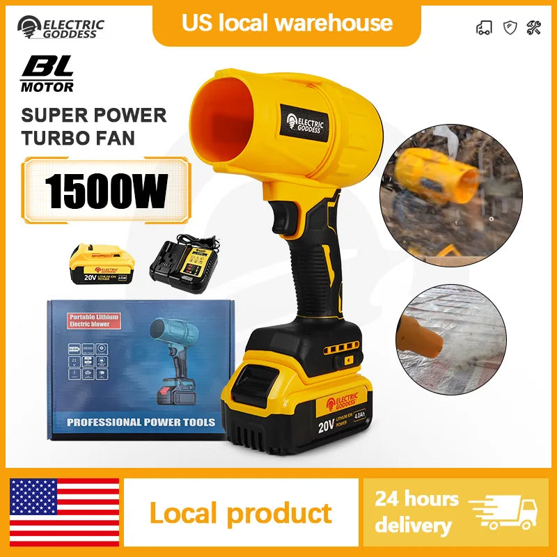 Electric Goddess Brushless Turbo Blower for Dewalt 20V battery showing a compact, powerful cordless blower with black and orange design