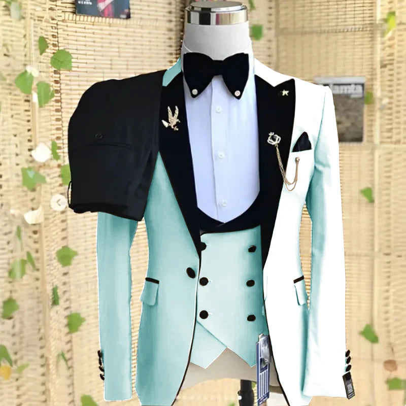 Beige formal men's 3-piece suit with peaked lapel, blazer, pants, and vest, suitable for weddings, business, or parties.
