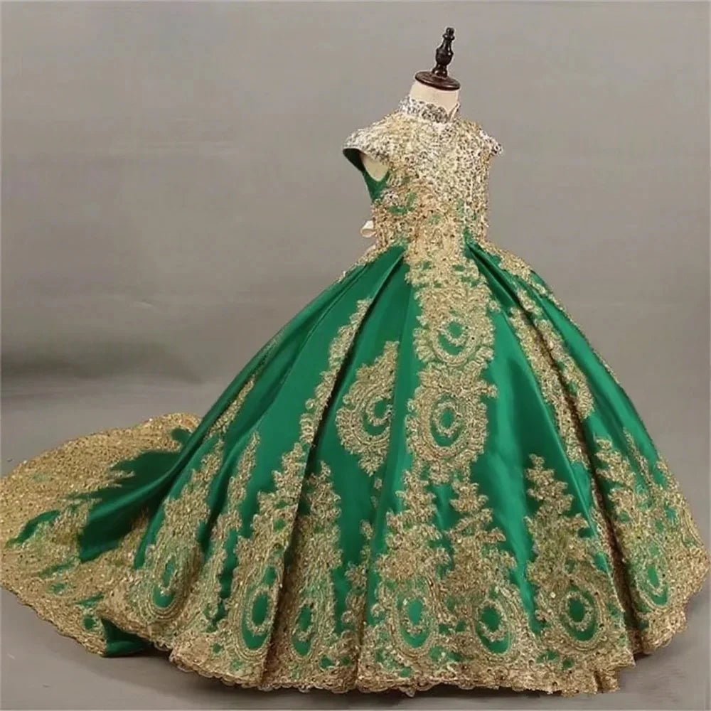 Showlu Fashion Girls' sleeveless ball gown with gold lace embroidery, long train, perfect for special occasions and princess-themed events.