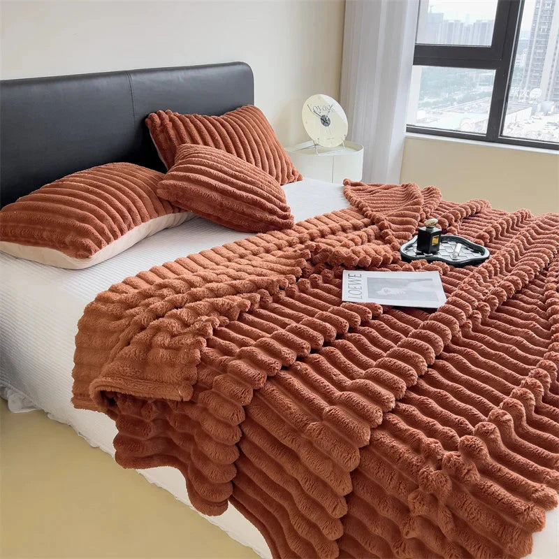 Showlu Fashion striped polyester blanket with thickened design, used as a bed sheet or nap cover, featuring colorful stripes.