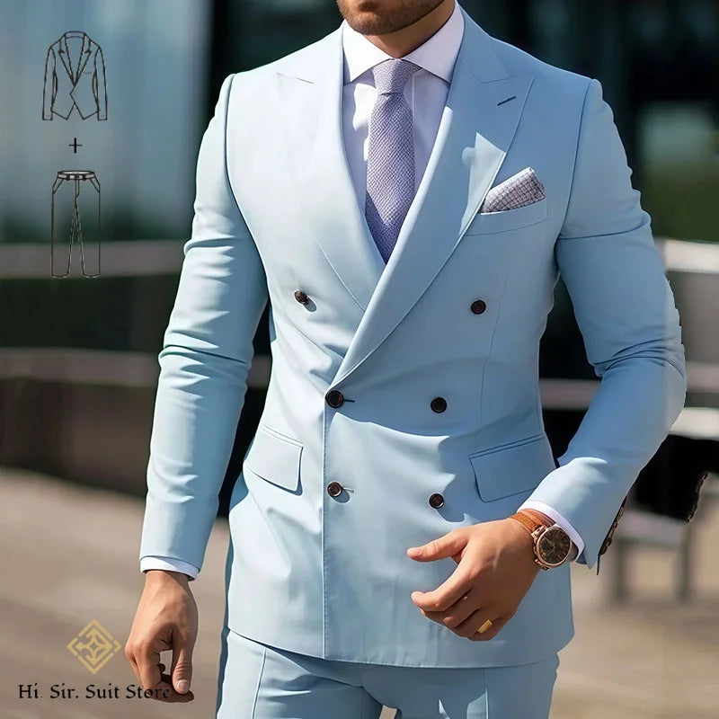 Slim-fit men's double-breasted blazer and dress pants suit set by Showlu Fashion, ideal for weddings, formal events, or reunions.
